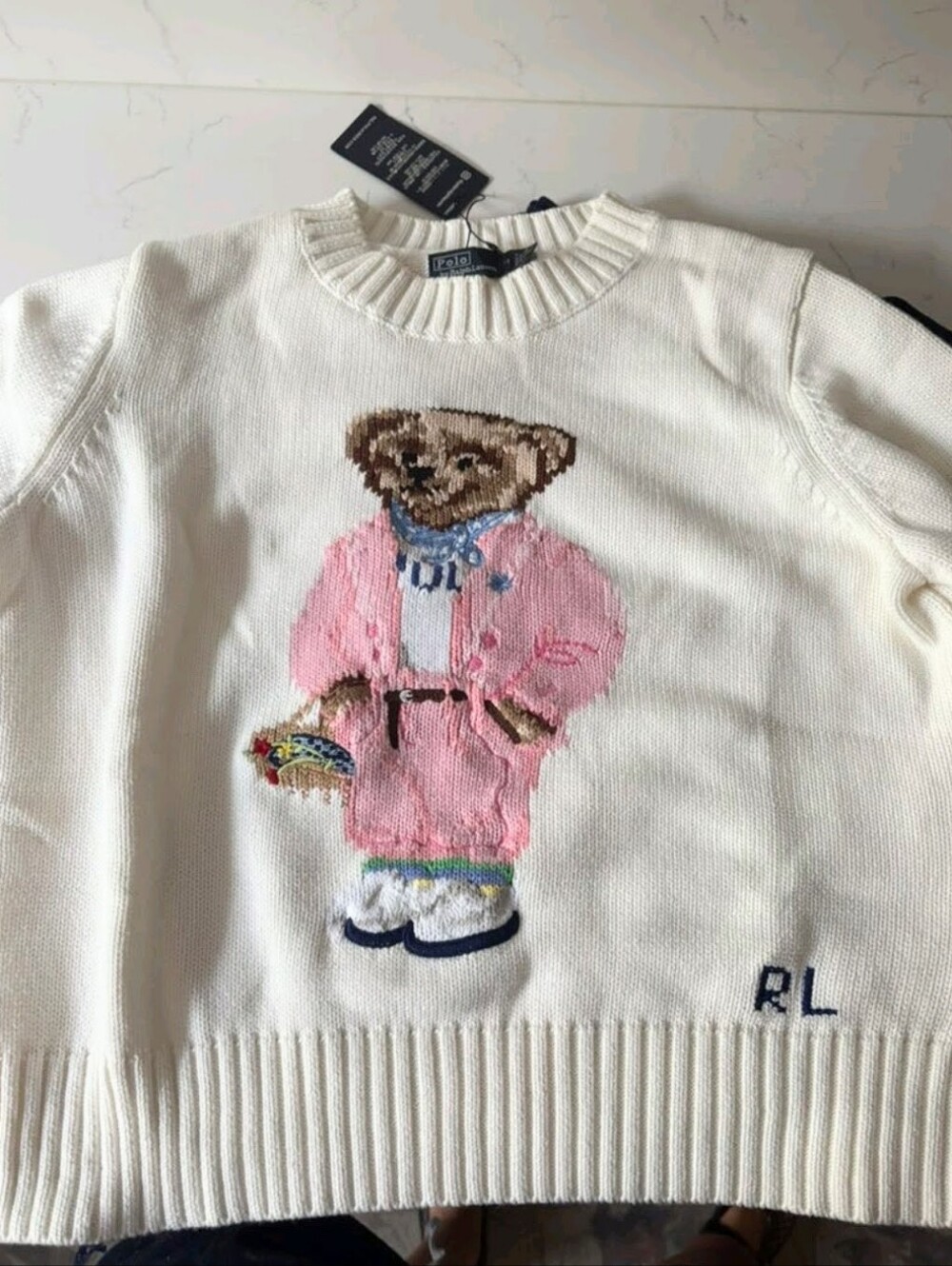 NWT Polo Ralph Lauren Picnic Polo Bear Sweater, Cream size L